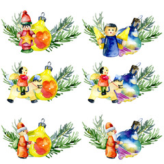 Obraz na płótnie Canvas Festive, New Year, Christmas, family toys. Cheerful, old, Christmas decorations. Decorative decoration for Christmas and New Year's tree. Merry, beautiful, happy garland. Watercolor. Illustration