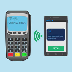 Wireless payment with nfc technology using a smartphone. Pos terminal is waiting for connect to nfc smartphone.