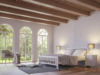Scandinavian bedroom 3d rendering image.The Rooms have wooden floors and ceilings with white walls .There are arch shape window overlooking to the nature.