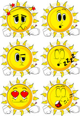 Cartoon sun writing with pencil. Collection with various facial expressions. Vector set.