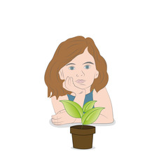 the girl is sitting over a pot with sprouting leaves. concept of eco. vector illustration.
