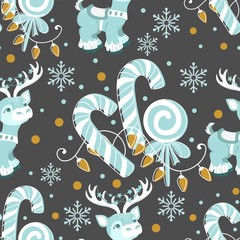Holiday seamless pattern with Christmas reindeer and holiday items. Vector illustration.