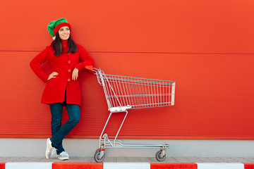 Woman with Shopping Cart Ready for Christmas Sale 