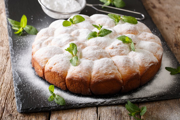 Fresh yeast rolls with powdered sugar and mint closeup. horizontal