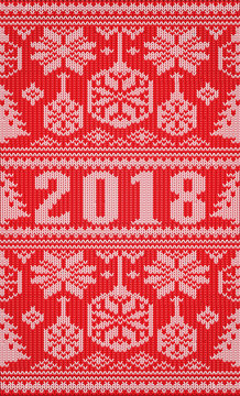 Merry Christmas and Happy New 2018 Year holidays knitted card, vector illustration