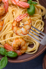 Closeup shrimp on pasta background