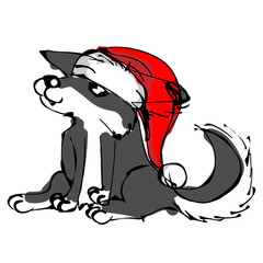 Christmas dog with red Santa hat, oriental sketch style for 2018 Year of the Dog