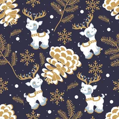 Gardinen Feiertagsnahtloses Muster mit Weihnachtsren und Feiertagseinzelteilen. Vektor-Illustration. © Natalia