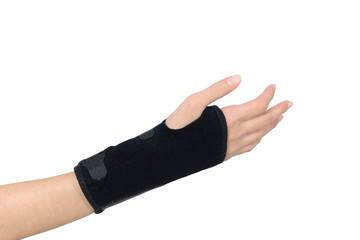 women hand with wrist splint for right hand isolated on white background with path