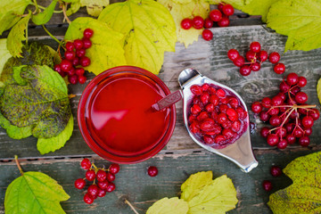 Still life with viburnum tea on wooden background