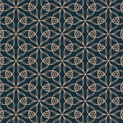 Geometric contour pattern with floral elements on blue background. Hand drawn organic abstract pattern.