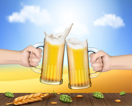 Two vector realistic hands holding glass mugs with beer raised in a festive toast over a wooden table with ears of barley and cones of hops. Two pints of cold foamy craft light beer