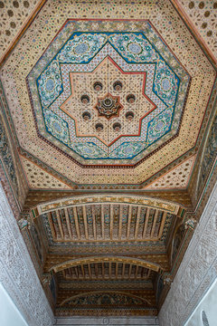 Decorated ceiling inside Bahia Palace, Marrakech, Morocco
