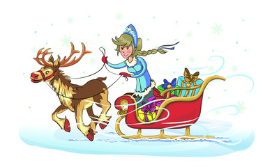 New Year greeting card with cartoon Father Frost and Snow Maiden. Winter holiday Xmas postcard with Ded Moroz and Snegurochka.  the frost rides on the sleigh