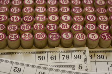  Balls with red bingo numbers used to randomly select lucky numbers during a bingo game
