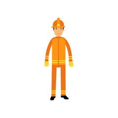 Flat fireman character in uniform and protective helmet, at work