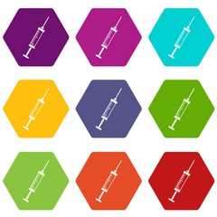 Syringe icon set color hexahedron