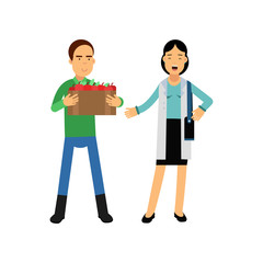 Happy male farmer cartoon character selling apples to woman, fresh farm products