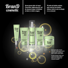 3D realistic cosmetic bottle ads template. Cosmetic brand advertising concept design with bubbles and sparkles