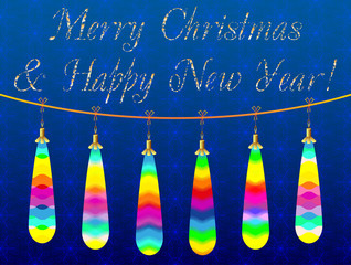 Decorative colored Christmas card with Christmas toys on a blue background, which can used as a template for design 