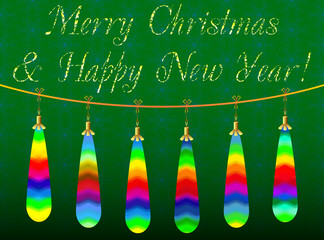 Decorative colored Christmas card with Christmas toys on a green background, which can used as a template for design 