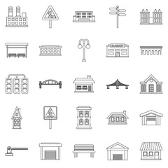 City architecture icons set, outline style