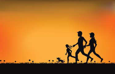 Fototapeta na wymiar Silhouette of family exercising and jogging together at the park with beautiful sky at sunset.