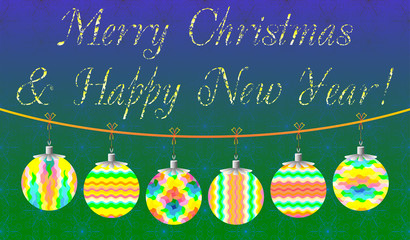 Decorative colored Christmas card with Christmas balls on a blue background, which can used as a template for design 