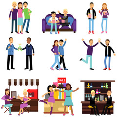 Groups of girls and boys best friends having good time together, flat characters set