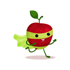 Cartoon character of funny superhero apple with cape and mask, running forward