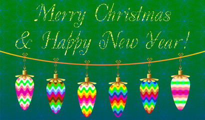 Decorative colored Christmas card with Christmas toys on a green background, which can used as a template for design 