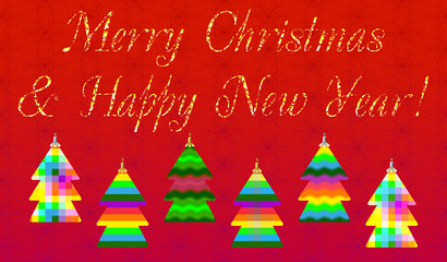 Decorative colored Christmas card with Christmas toys on a red background, which can used as a template for design 