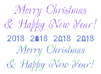 Decorative text Merry Christmas & Happy New Year on a blue and white background