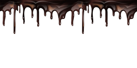 Melted flowing chocolate syrup drips on white background - seamless horizontal border vector illustration. - obrazy, fototapety, plakaty