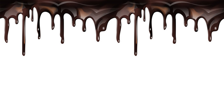 Melted flowing chocolate syrup drips on white background - seamless horizontal border vector illustration.