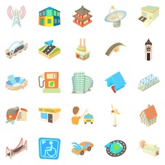 City station icons set, cartoon style