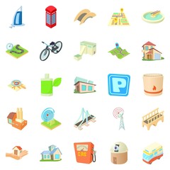 Developed city icons set, cartoon style