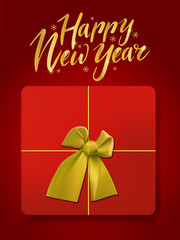 Happy new year card with gift and bow. Vector greeting new year card