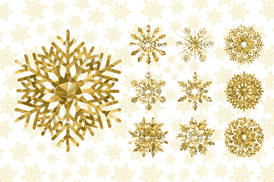Golden snowflakes collection. Design elements. Winter holidays decor. Vector illustration