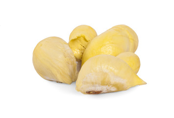 Close up durian flesh yellow gold on shop's display. Bright yellow tropical fruit. Yellow banner background from tropics