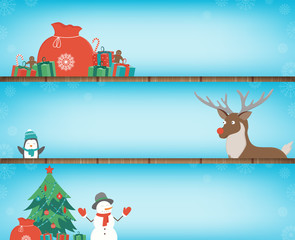 Christmas banners set with decoration elements. Santa Claus, Christmas Tree, Gift boxes and other christmas elements. Vector