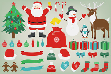 Christmas set with decoration elements. Santa Claus, Christmas Tree, Gift boxes and other christmas elements. Vector