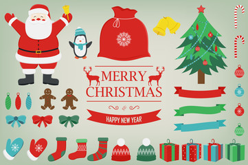 Christmas set with decoration elements. Santa Claus, Christmas Tree, Gift boxes and other christmas elements. Vector