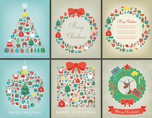 Christmas greeting card set with Merry Christmas and Happy New Year wishes. Holidays winter collection. Vector