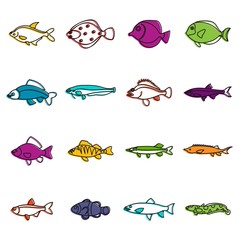 Cute fish icons doodle set