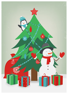 Christmas card with Christmas Tree and Gifts. Vector