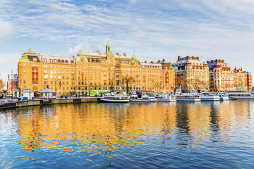 winter embankment with old ships Stockholm, Sweden