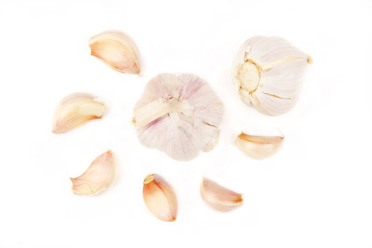Garlic top view isolated white background
