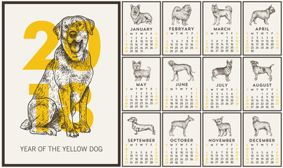 Vector calendar design. Year of the dog. Hand drawn dogs set. Vector illustration