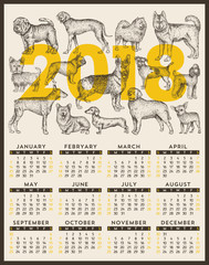 Vector calendar design. Year of the dog. Hand drawn dogs set. Vector illustration
